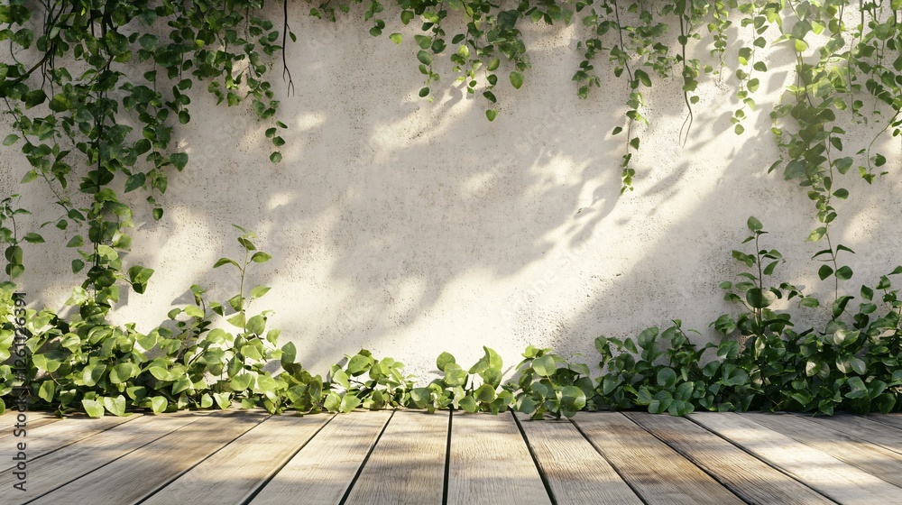 Fototapeta premium Sunlit Wall Vines Wooden Deck Peaceful Setting