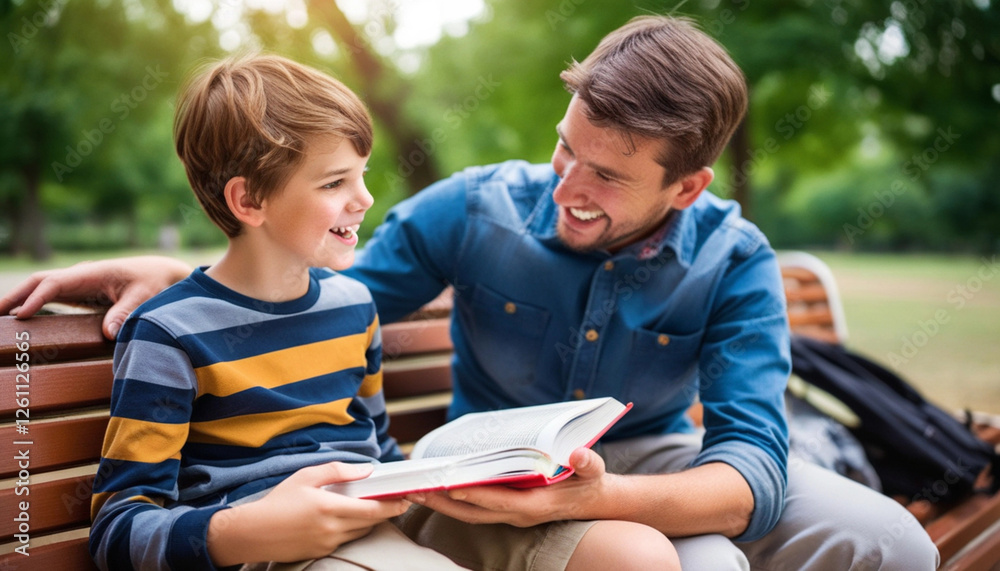 Φωτογραφία Extreme close up portrait of a father and son sitting on a bench in a park, laughing together while reading a book aloud to each other