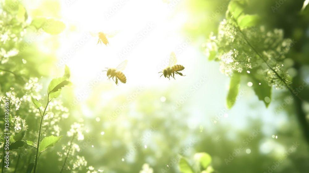 Honeybees in mid-flight above field of wildflowers, bright natural scene with dreamy light Honeybees in mid-flight above field of wildflowers, bright natural scene with dreamy light