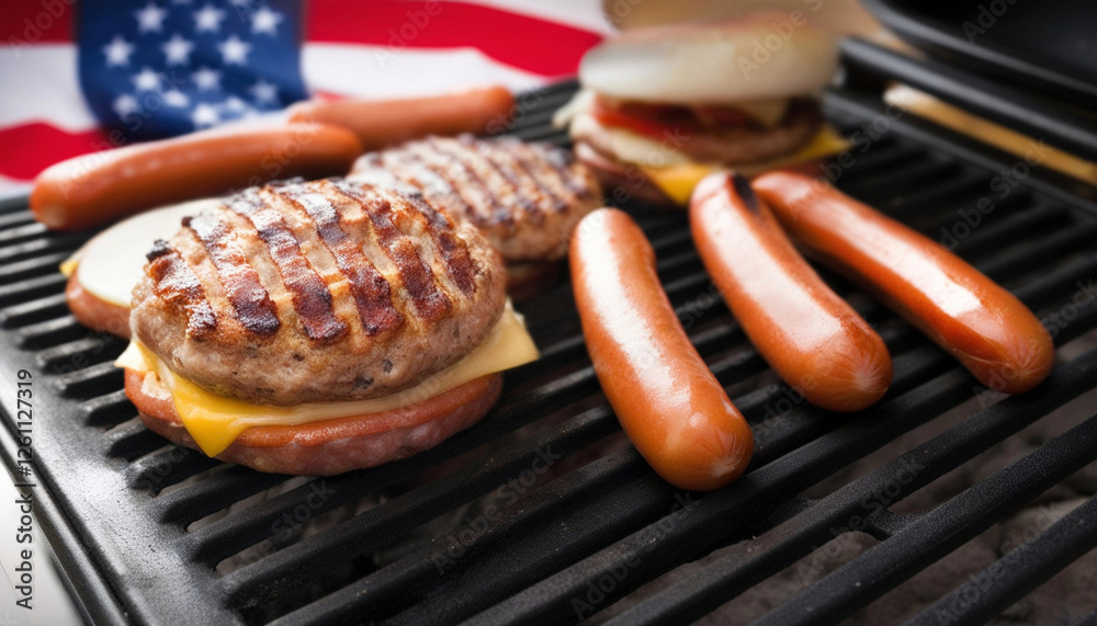 Φωτογραφία Extreme close up of a grill sizzling with hamburgers and hot dogs, with American flag napkins and utensils nearby