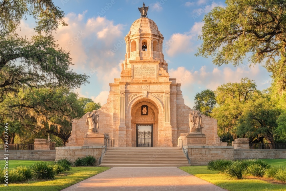 Obraz premium San Jacinto Monument Surrounded by Greenery Under Bright Sky on a Sunny Day in Texas