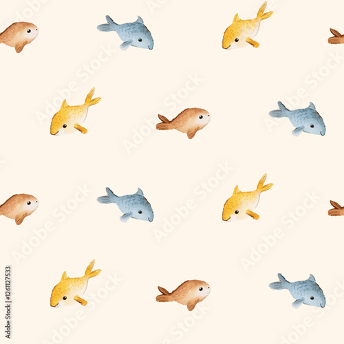 Vector watercolor seamless pattern with cute colorful fish