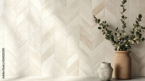 Beige chevron tile wall, vase, plants. Interior design inspiration