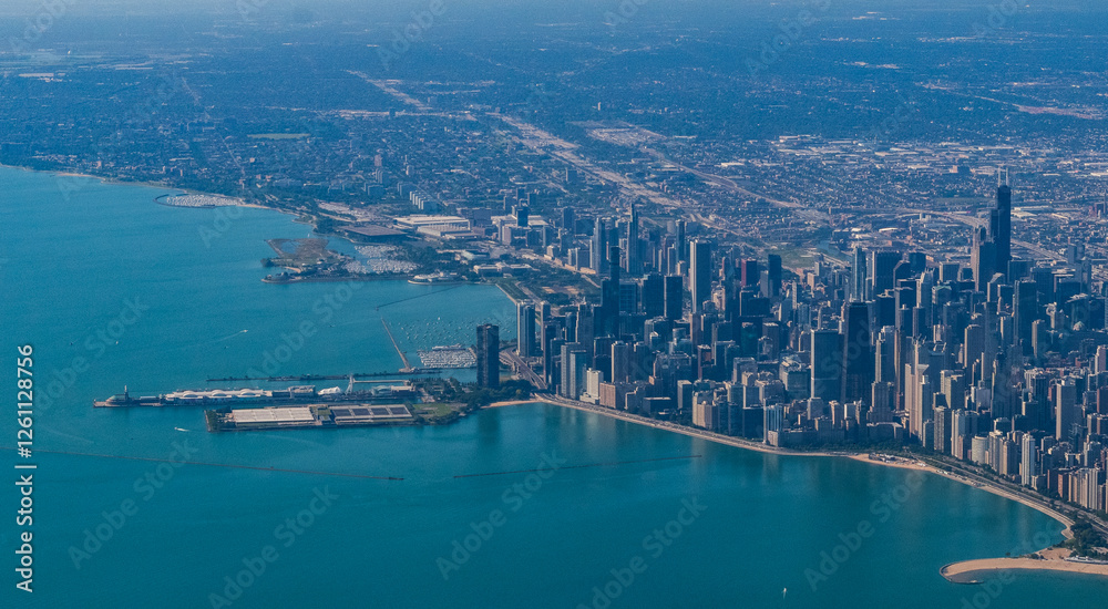 Φωτογραφία Chicago, Illinois - Aerial view of the Downtown Chicago skyline, Navy Pier, Lake