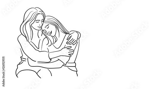 Two girls hugging, continuous line drawing. Support, empathy, friendship. Vector illustration isolated on white background