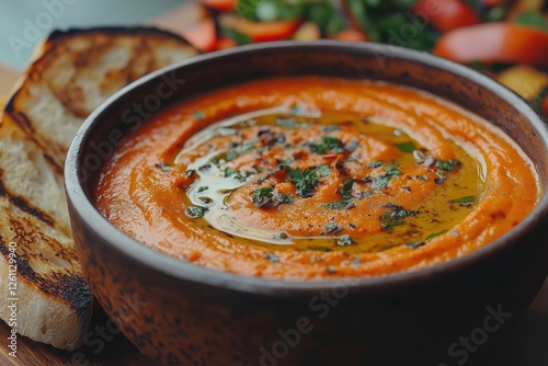 Rustic Romesco sauce with roasted peppers, almonds, and grilled vegetables on wooden table photo