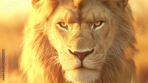 Majestic lion gazing directly at the camera in golden sunlight on a savannah at dusk
