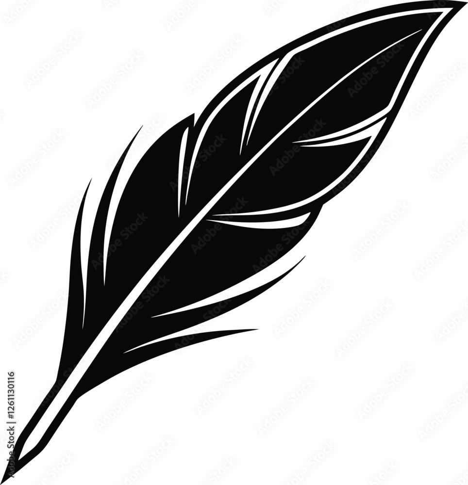 Obraz premium A feather with smooth and sharp edges fully black in color. Fragment of a feather of a bird of gray color photographed closeup (1).eps
