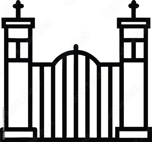 A iron gate with two tall pillars on each side. Vector illustration of decorative forging of a two-door garden gate