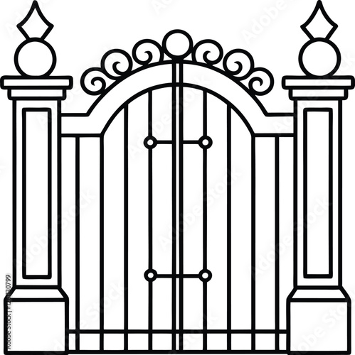 A iron gate with two tall pillars on each side. Vector illustration of decorative forging of a two-door garden gate