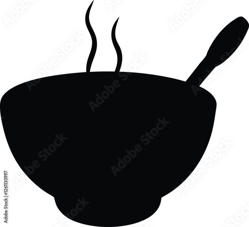black silhouette of a bowl of hot soup with a spoon. Oatmeal bowl with butter and spoon (2).eps