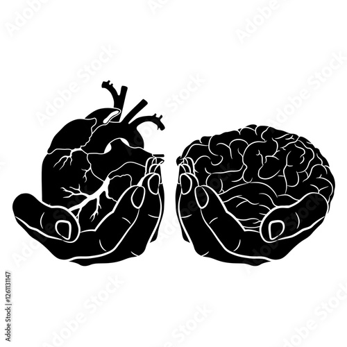 Two human hands holding heart and brain. Juxtaposition of reason and emotions. Creative philosophical concept. Black and white silhouette.