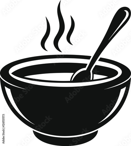 black silhouette of a bowl of hot soup with a spoon. Oatmeal bowl with butter and spoon (6).eps