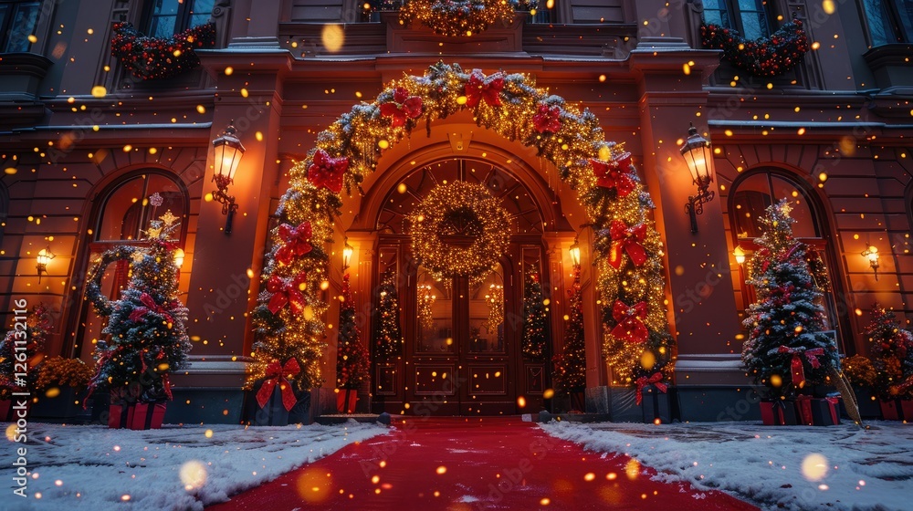 Obraz premium Festive entrance to a grand building decorated for Christmas, with a red carpet, snow falling, and Christmas trees.