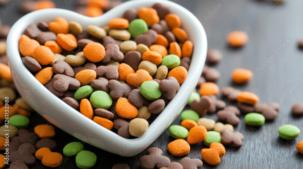 A heart-shaped bowl filled with colorful heart-shaped dry pet food, surrounded by scattered kibble on a white background.
A heart-shaped bowl filled with colorful heart-shaped dry pet food, surrounded by scattered kibble on a white background.