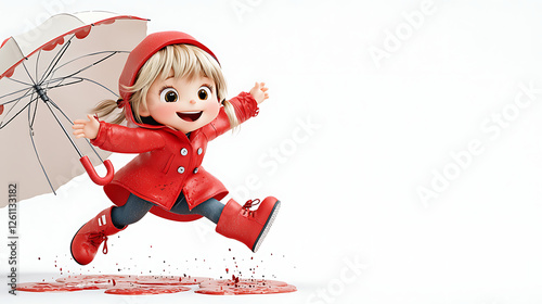 A cartoon girl is holding an umbrella and jumping in the rain. generated using AI