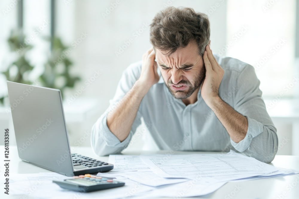 individual at desk stressed with tax forms calculator and laptop papers scattered visible distress tax paperwork creating individual at desk stressed with tax forms calculator and laptop papers scattered visible distress tax paperwork creating