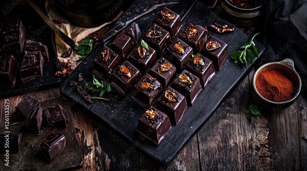 A luxurious handcrafted dark chocolate bar with a smooth texture, filled with sweet praline. A luxurious handcrafted dark chocolate bar with a smooth texture, filled with sweet praline.