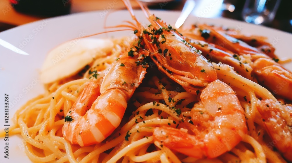 Shrimp spaghetti in a rich, garlicky sauce, topped with fresh herbs and parmesan cheese. Shrimp spaghetti in a rich, garlicky sauce, topped with fresh herbs and parmesan cheese.