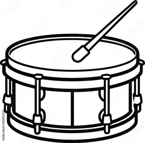 Line art A simple black and white vector illustration of a snare drum with drumsticks. Snare Drum Outline Icon Illustration on White Background.
