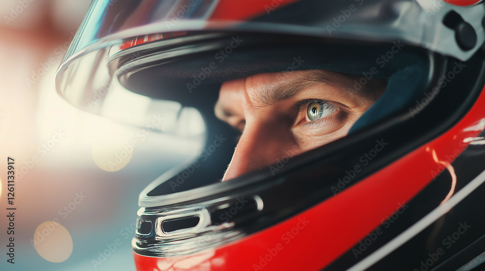 A close-up of a race car driver wearing a red and black helmet with a reflective visor. A close-up of a race car driver wearing a red and black helmet with a reflective visor.