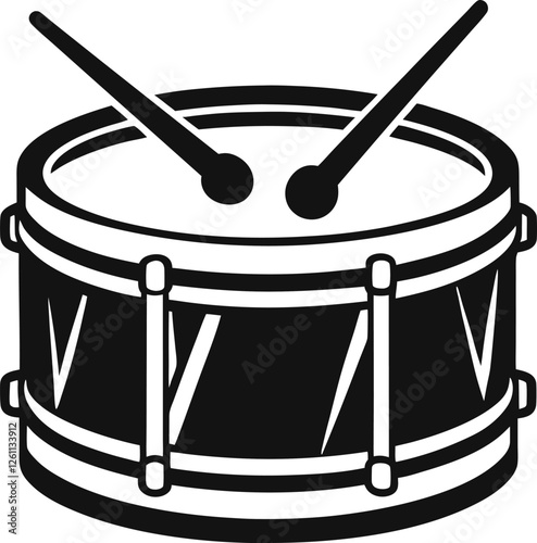 Line art A simple black and white vector illustration of a snare drum with drumsticks. Snare Drum Outline Icon Illustration on White Background.