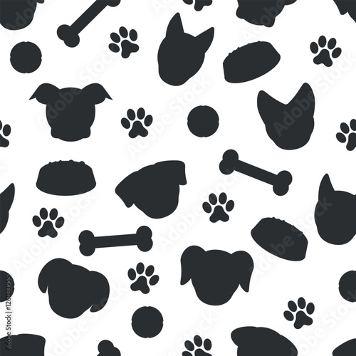 Dogs Silhouette Pattern - Messy Silhouettes of Dog Heads, Dog Food, Bones, Balls and Paws. Seamless Link.