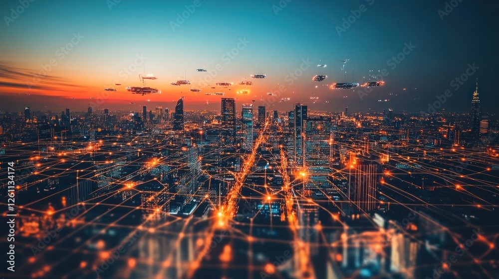 Fototapeta premium Futuristic Cityscape Illuminated With Flying Vehicles Above
