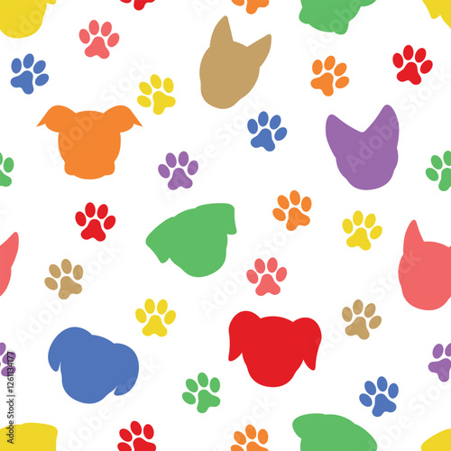 Colorful Dogs Silhouette Pattern - Colored Silhouettes of Dog Heads and Footprints on White Background. Seamless Link.