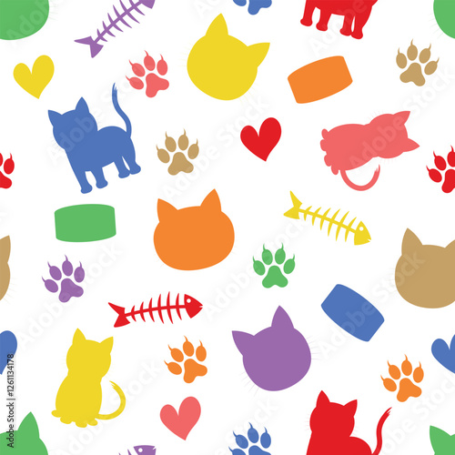 Colorful Cats Silhouette Pattern - Messy Silhouettes of Cats, Sardine Cans, Fish Skeletons, Hearts and Paws. Seamless Link.