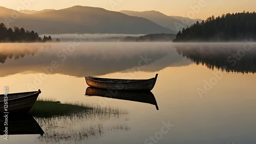 Serene Lake at Sunrise with Wooden Boats Floating on Calm Water Surrounded by Misty Mountains and Soft Reflections

