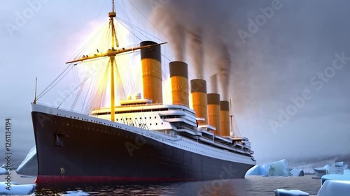 old ship steamship with smokestacks glows among icebergs