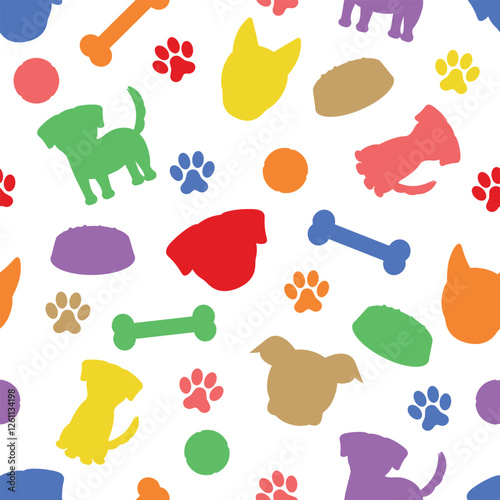 Colorful Dogs Silhouette Pattern - Messy Colored Silhouettes of Dogs, Dog Food, Bones, Balls and Paws. Seamless Link.