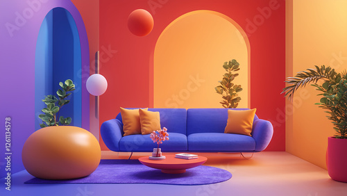 Modern Living Room with Colorful Geometric Design and Minimalist Furniture in Vibrant Interior Style photo