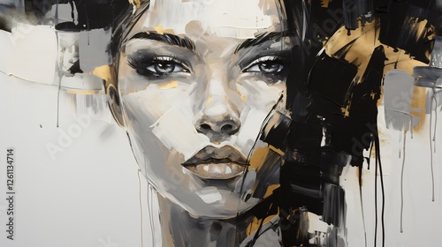 Elegant abstract woman portrait in black gold grey tones art oil face eyes hair style image modern