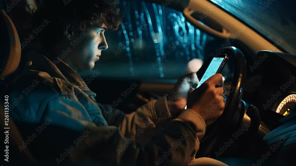 Young man driving a car while using a smartphone in a dangerous and reckless manner, posing a serious risk to himself and others on the road.