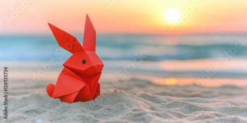 Creative easter photo of red paper bunny on the sand at sunrise beach environment artistic photo