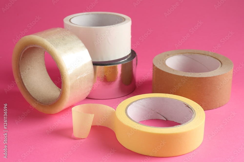 Rolls of different adhesive tapes on pink background, closeup Rolls of different adhesive tapes on pink background, closeup