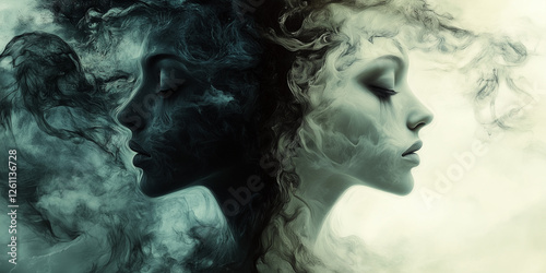 Duality Abstract, Concept, Artistic Portraits with Ethereal Faces Merging Light and Dark Elements in a Surreal and Gothic Style