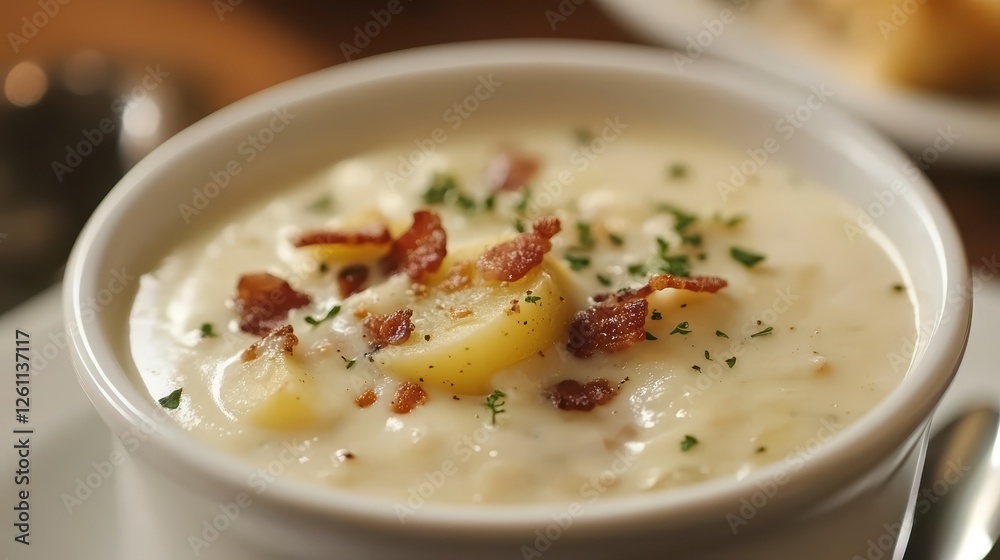 Creamy potato bacon soup, a comforting dish with smooth texture and savory flavors, perfect for chilly days. Creamy potato bacon soup, a comforting dish with smooth texture and savory flavors, perfect for chilly days.