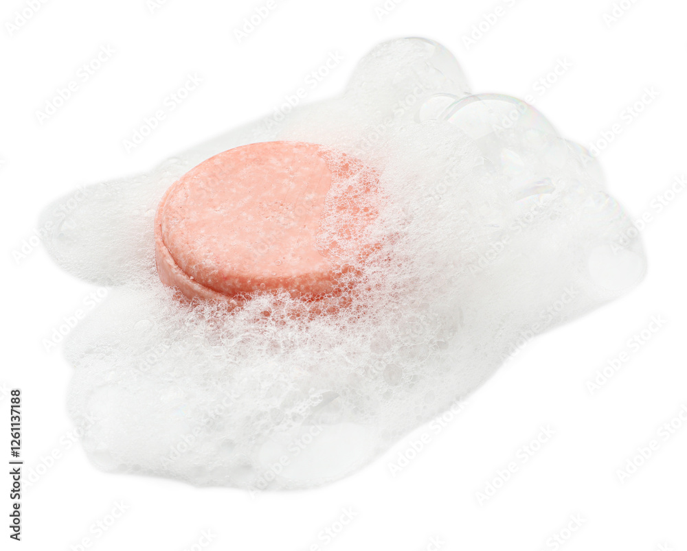 Fototapeta premium Pink soap with foam on white background