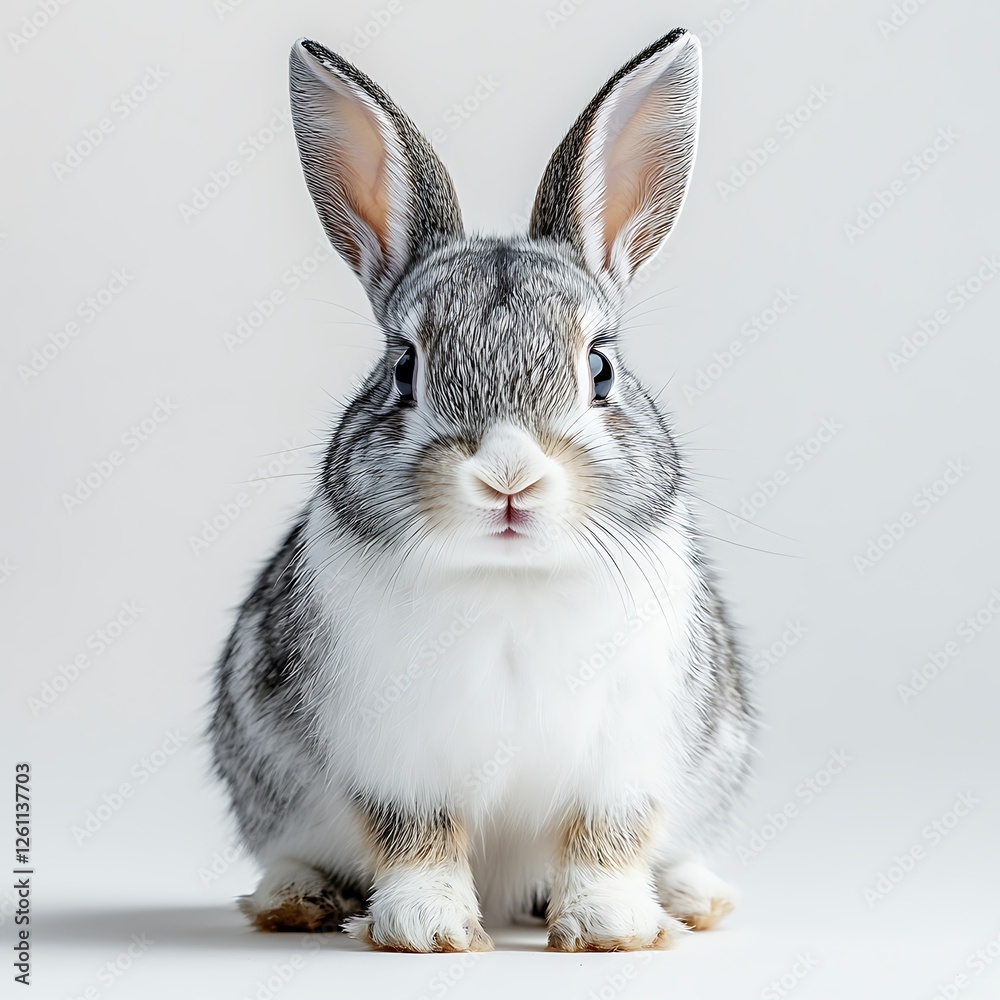 Fototapeta premium Cute grey rabbit sitting, studio shot, light background, pet portrait