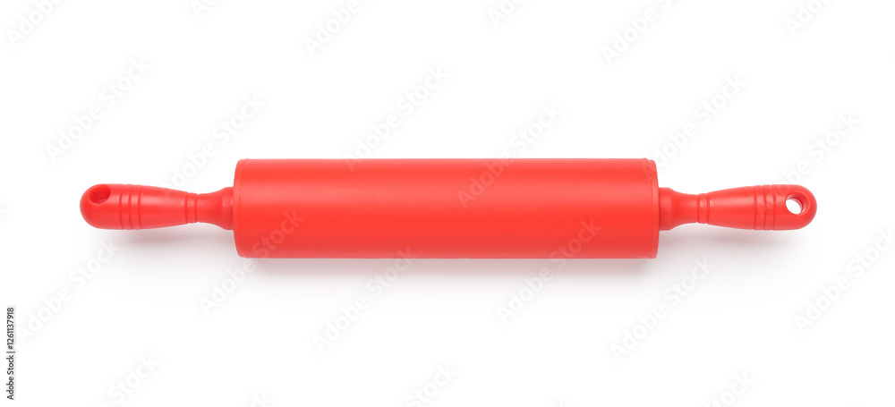 Red rolling pin isolated on white, top view Red rolling pin isolated on white, top view