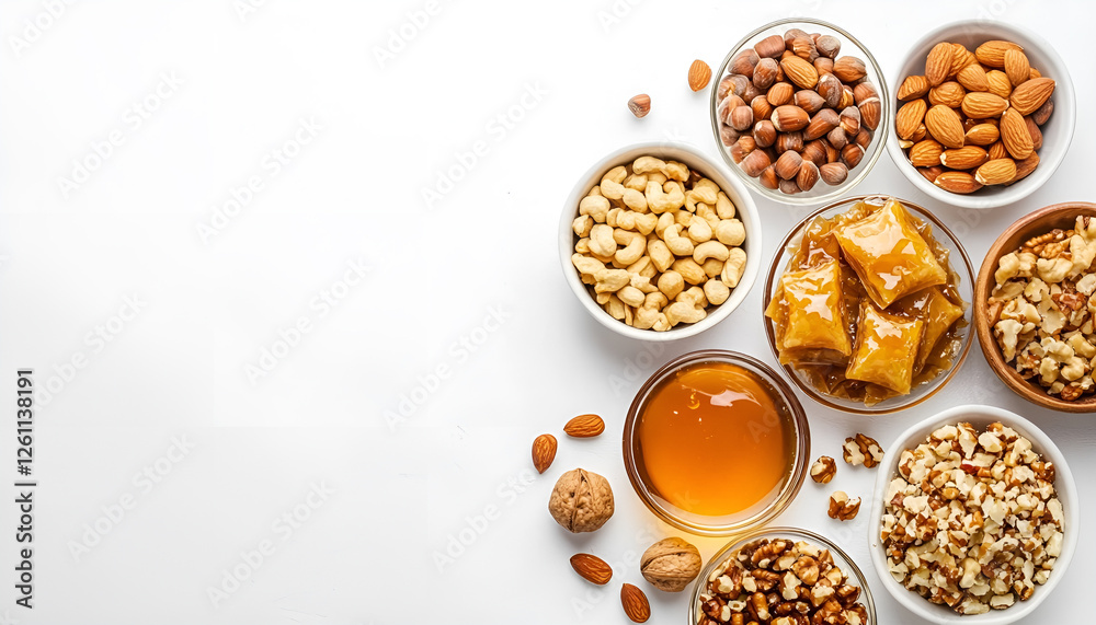Arabian Baklava with nuts and honey on white background, top view. Ramadan dessert - fresh assorted nut baklava Arabian Baklava with nuts and honey on white background, top view. Ramadan dessert - fresh assorted nut baklava