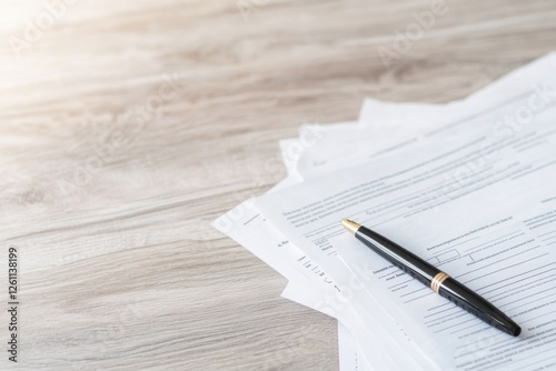 focused image of scattered tax documents and pen on wooden desk