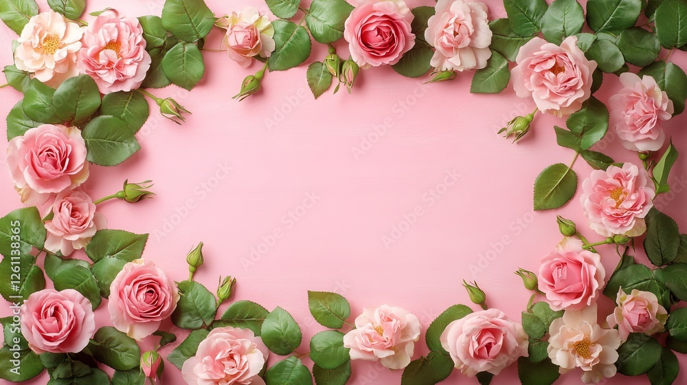 A banner featuring a floral frame made of rose flowers and green leaves on a pink background A springtime composition with space for text