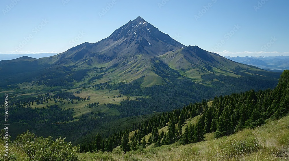 Obraz premium Majestic mountain peak, valley vista, green slopes, clear sky, nature travel photography