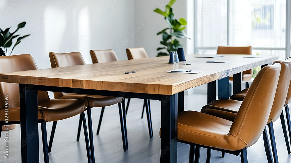 A large wooden table with a bunch of brown chairs around it. generated using AI A large wooden table with a bunch of brown chairs around it. generated using AI