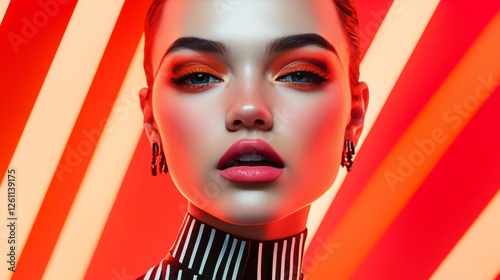 Striking beauty portrait with bold makeup on dynamic striped backdrop