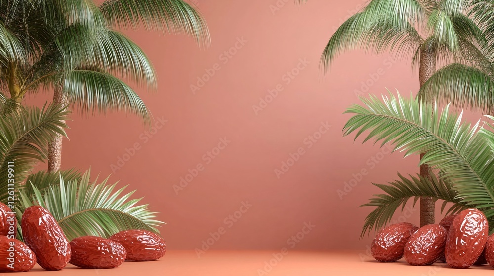 Fototapeta premium Red Dates Tropical Palm Leaves Minimalist Still Life Product Photography Background Clean Elegant Design Studio Shot High Resolution Image Perfect for